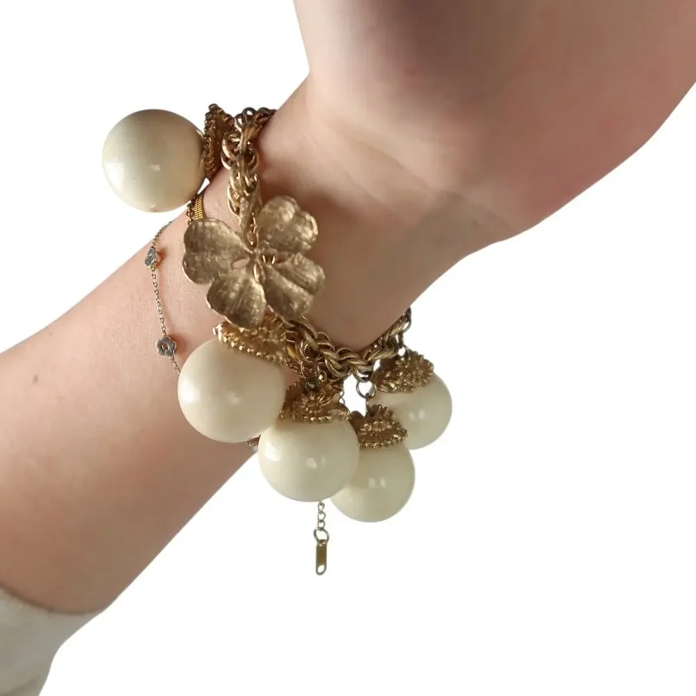 Vintage 80s Gold Chain Cream Circle Bobble Charms Chunky Bracelet